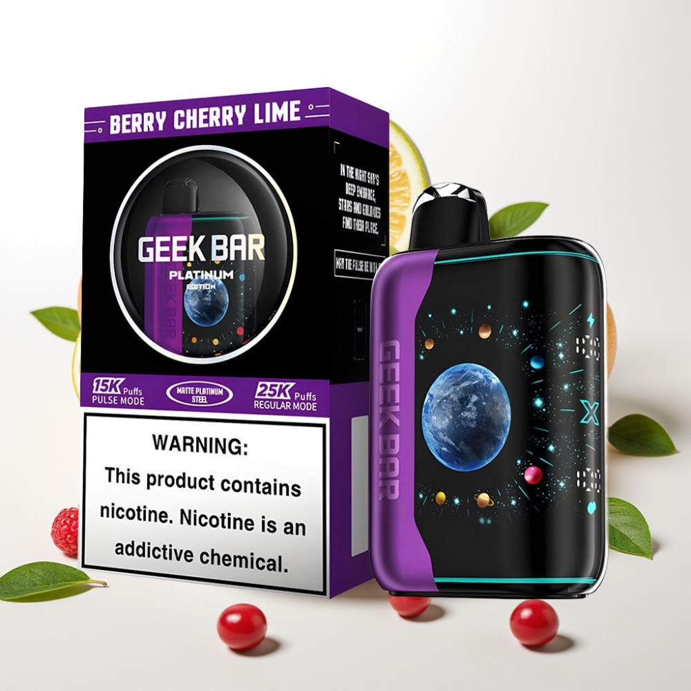 GEEK BAR Platinum Edition – 25000 Pufov, Platinasto Jeklo, Hitro Polnjenje, 20mL E-Tekočina Jagodno-češnjev limetin