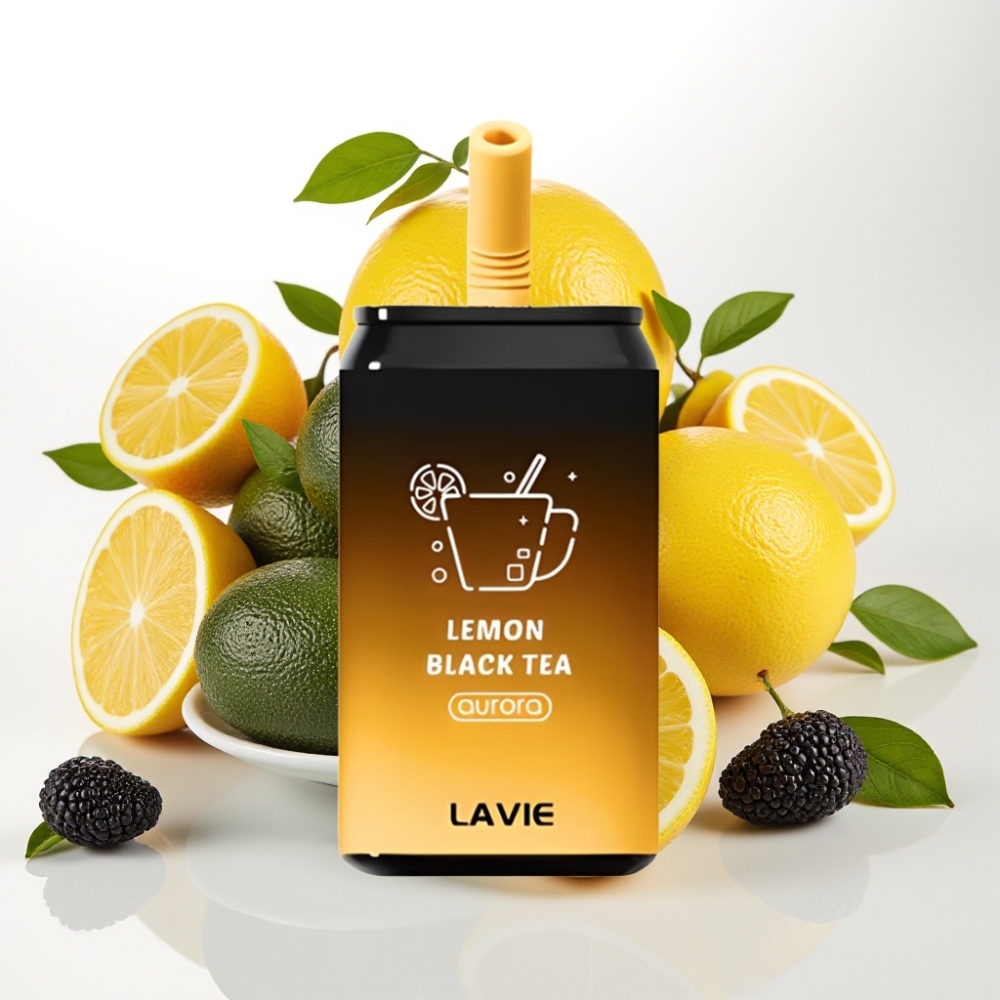 LAVIE Aurora 11000 Puffov Teža - 0,095 kg Dimenzije - 3,5 × 3,5 × 9 cm 11000 Puffov Vsebnost nikotina - 0%, 2%, 5% Kapaciteta e-tekočine - 22ML Kapaciteta baterije - 650 Črni čaj z limono