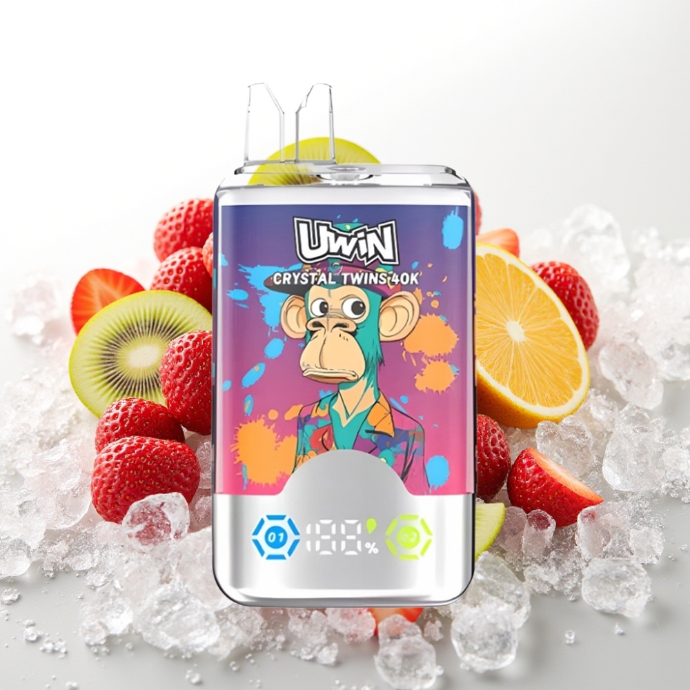 UWIN Crystal Twins 40000 Puffov z dvojnim okusom, 32ml e-tekočine, 850mAh baterija, Type-C polnjenje Jagoda Kivi Grozdni led