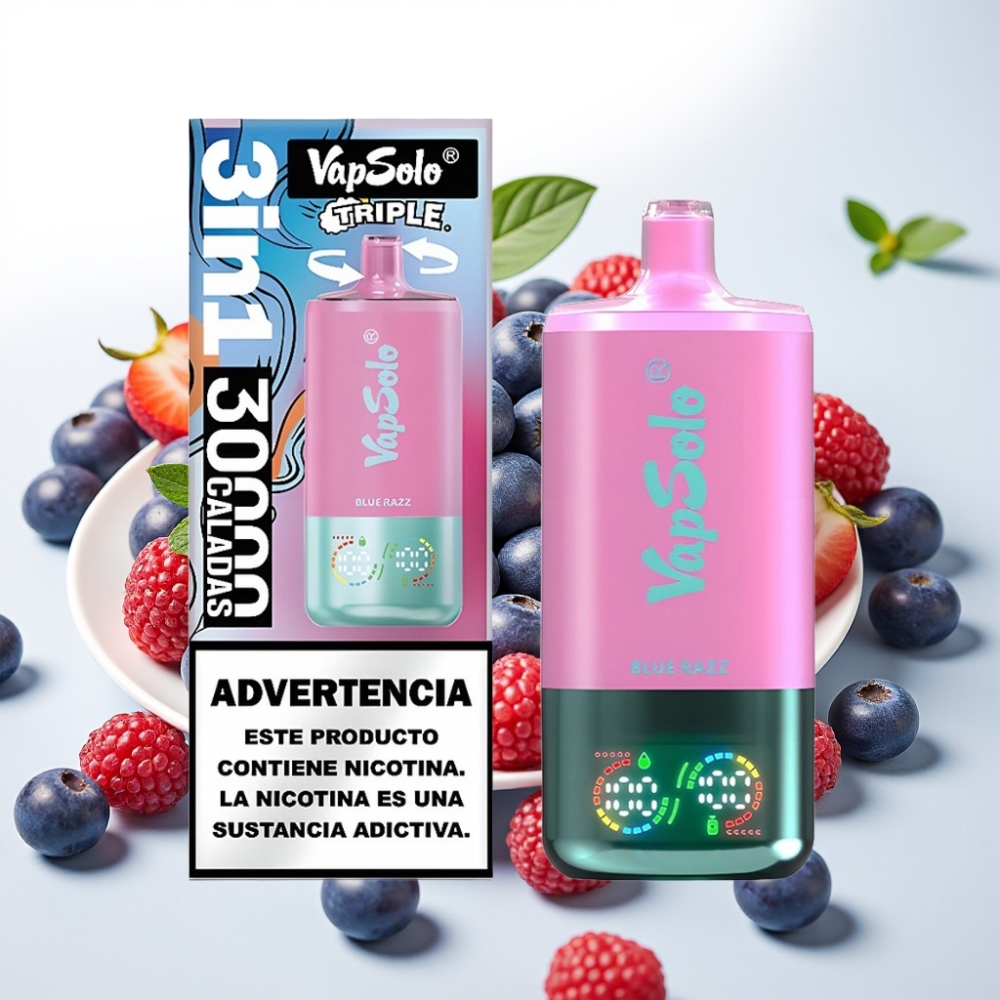 VapSolo Triple 30000 Puffov, 40ml E-Tekočina, 20 mg/ml ali 50 mg/ml Nikotina, 3 Rezervoarji, Type-C Polnjenje Blue Razz
