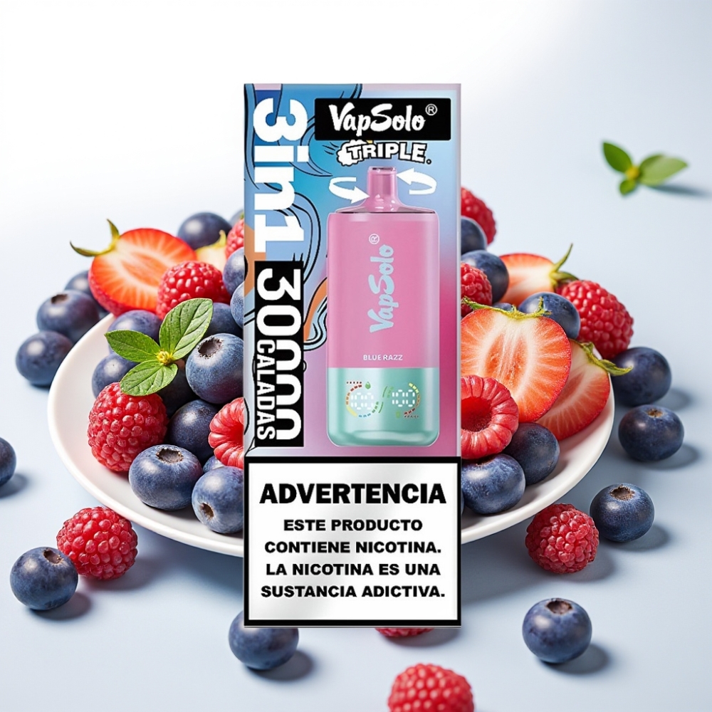 VapSolo Triple 30000 Puffov, 40ml E-Tekočina, 20 mg/ml ali 50 mg/ml Nikotina, 3 Rezervoarji, Type-C Polnjenje Blue Razz
