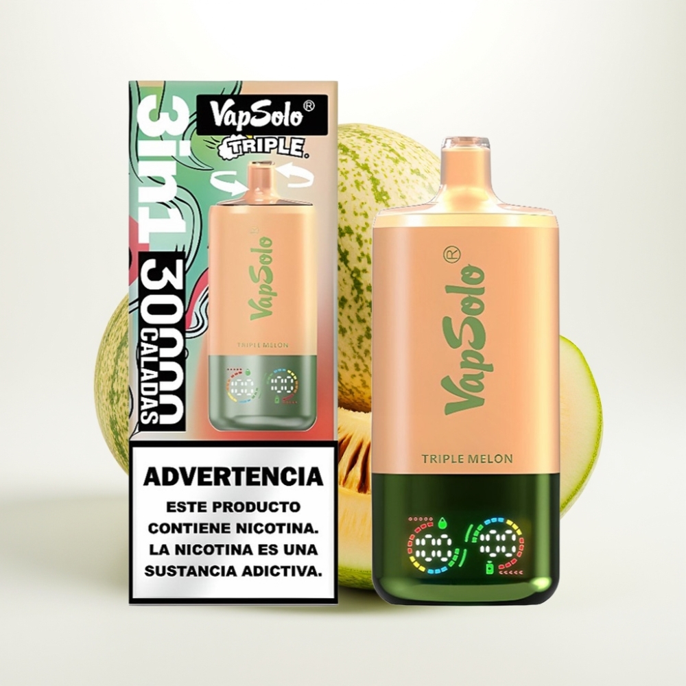 VapSolo Triple 30000 Puffov, 40ml E-tekočina, 20 mg/ml ali 50 mg/ml nikotina, 3 rezervoarji, Type-C polnjenje Trojna melona