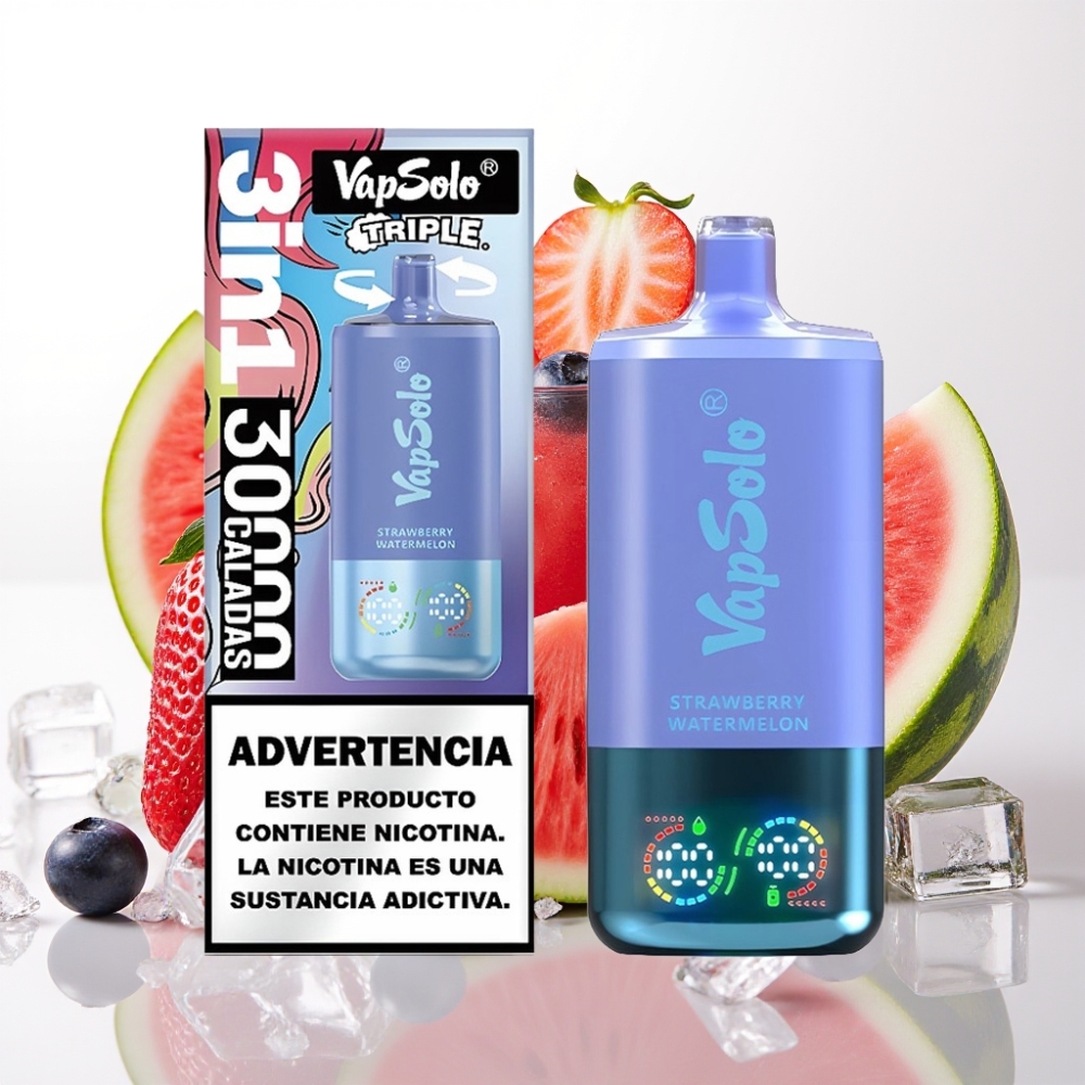 VapSolo Triple 30000 Puffov Velikost kartona - 47 x 47 x 115 mm E-tekočina - 40 ml Moč nikotina - 20 mg/ml, 50 mg/ml Nabiranje - Type-C