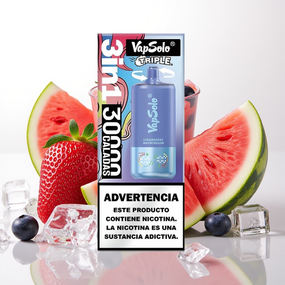 VapSolo Triple 30000 Puffov Velikost kartona - 47 x 47 x 115 mm E-tekočina - 40 ml Moč nikotina - 20 mg/ml, 50 mg/ml Nabiranje - Type-C