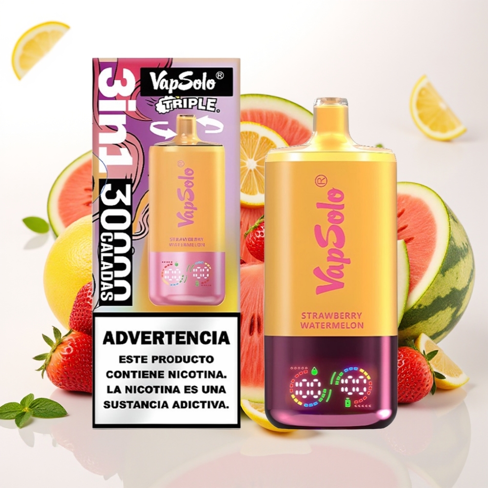 VapSolo Triple 30000 Puffov Velikost škatle - 47 x 47 x 115 mm E-tekočina - 40 ml Moč nikotina - 20 mg/ml, 50 mg/ml 3 rezervoarji Polnjenje - Type-C