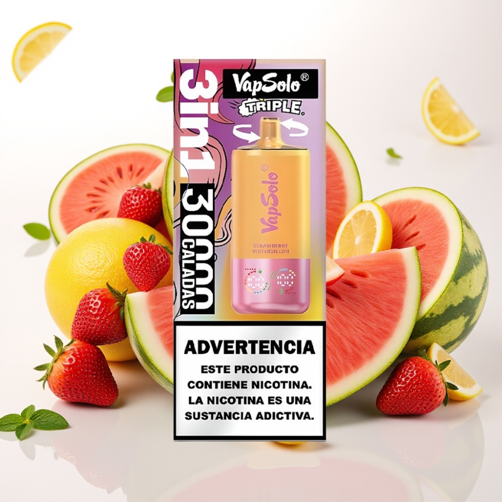 VapSolo Triple 30000 Puffov Velikost škatle - 47 x 47 x 115 mm E-tekočina - 40 ml Moč nikotina - 20 mg/ml, 50 mg/ml 3 rezervoarji Polnjenje - Type-C
