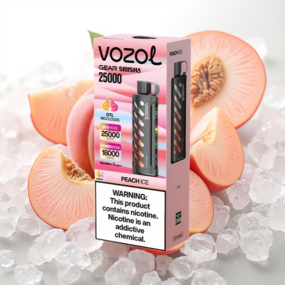 VOZOL Gear Shisha 25000 Puffov Okusi - 30 Okusnih Okusov Pametni Čip - S.i.L.C Tech Načini - Dvojni Mesh Dvojni Načini Baterija - 1000mAh Nikotin - 5mg/ml Breskov led
