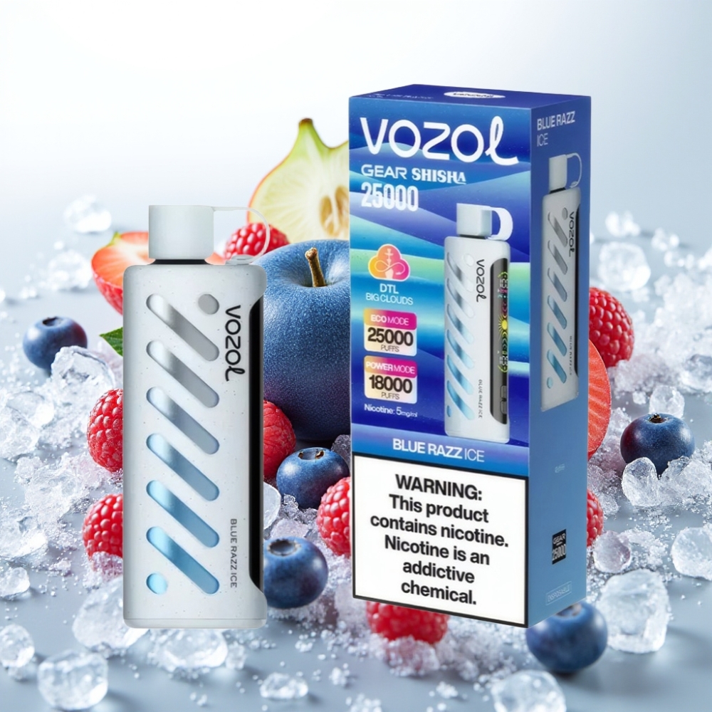 VOZOL Gear Shisha 25000 Puffov Okusi - 30 Okusnih Okusov Pametni Čip - S.i.L.C Tech Načini - Dvojni Mesh Dvojni Načini Baterija - 1000mAh Nikotin - 5mg/ml Modri Razz led