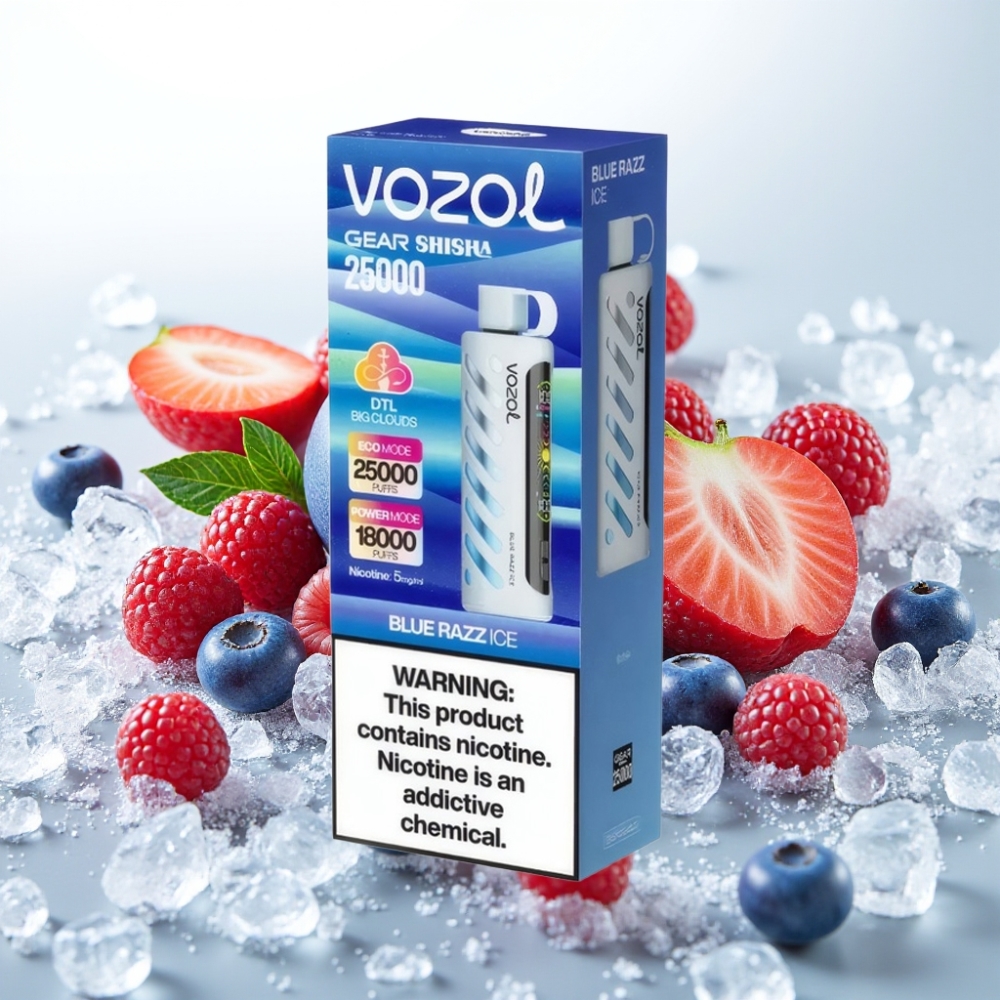 VOZOL Gear Shisha 25000 Puffov Okusi - 30 Okusnih Okusov Pametni Čip - S.i.L.C Tech Načini - Dvojni Mesh Dvojni Načini Baterija - 1000mAh Nikotin - 5mg/ml Modri Razz led