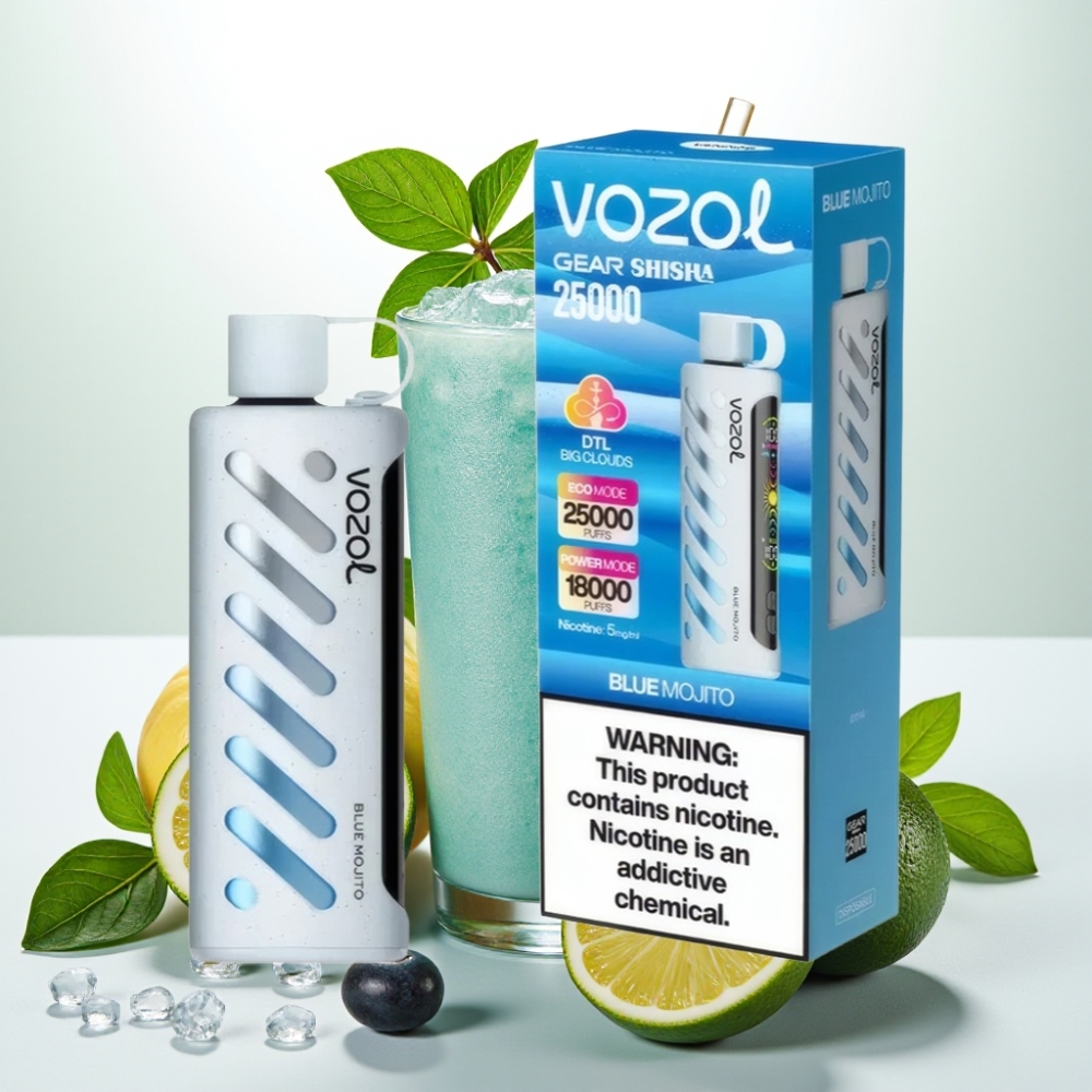 VOZOL Gear Shisha 25000 Puffov Okusi - 30 Okusnih Okusov Pametni Čip - S.i.L.C Tech Načini - Dvojni Mesh Dvojni Načini Baterija - 1000mAh Nikotin - 5mg/ml Modri mojito