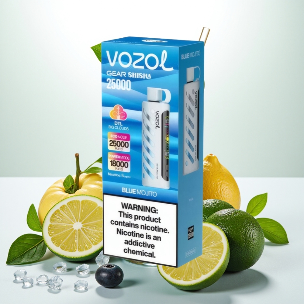 VOZOL Gear Shisha 25000 Puffov Okusi - 30 Okusnih Okusov Pametni Čip - S.i.L.C Tech Načini - Dvojni Mesh Dvojni Načini Baterija - 1000mAh Nikotin - 5mg/ml Modri mojito