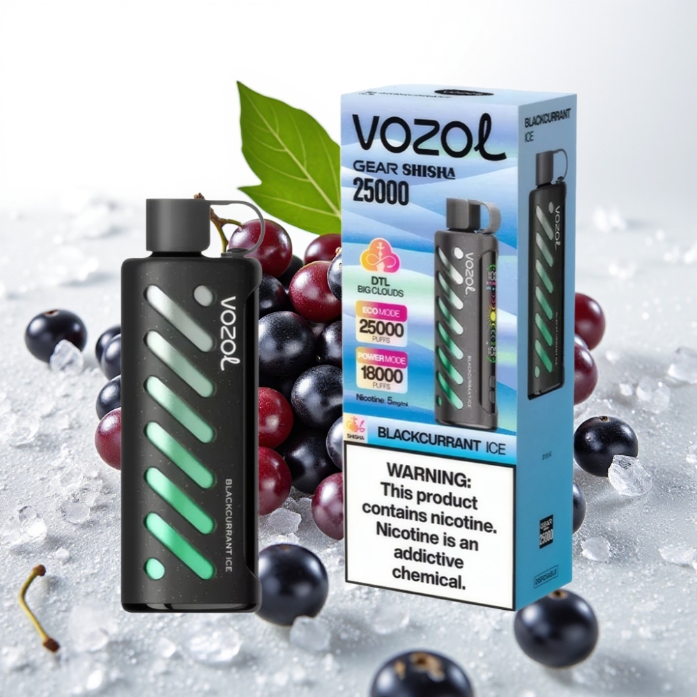 VOZOL Gear Shisha 25000 Puffov Okusi - 30 Okusnih Okusov Pametni Čip - S.i.L.C Tech Načini - Dvojni Mesh Dvojni Načini Baterija - 1000mAh Nikotin - 5mg/ml Črni ribez led