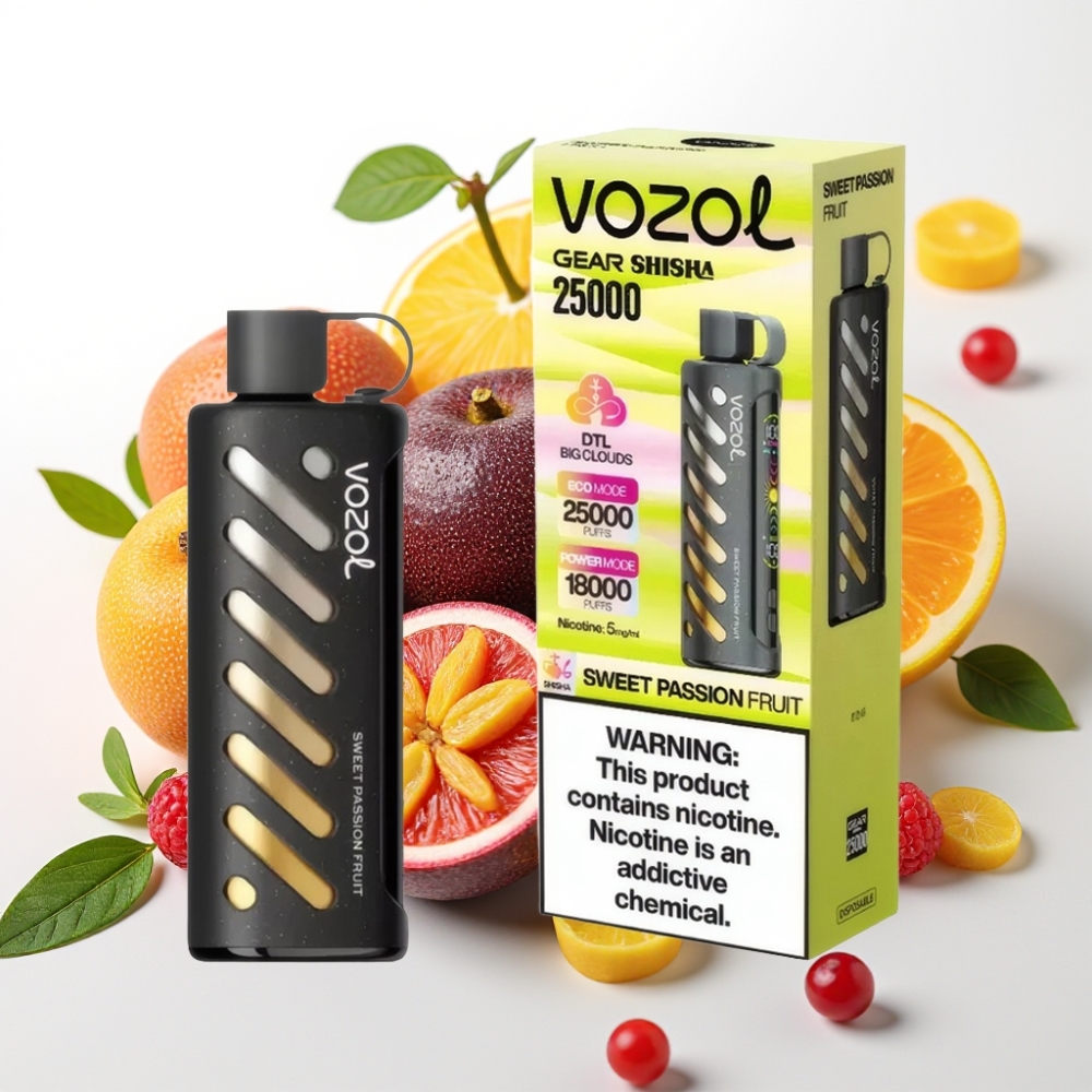 VOZOL Gear Shisha 25000 Puffov Okusi - 30 okusnih okusov Pametni čip - S.i.L.C Tech Načini - Dvojni Mesh Dvojni Načini Baterija - 1000mAh Nikotin - 5mg/ml Sladka pasijonka