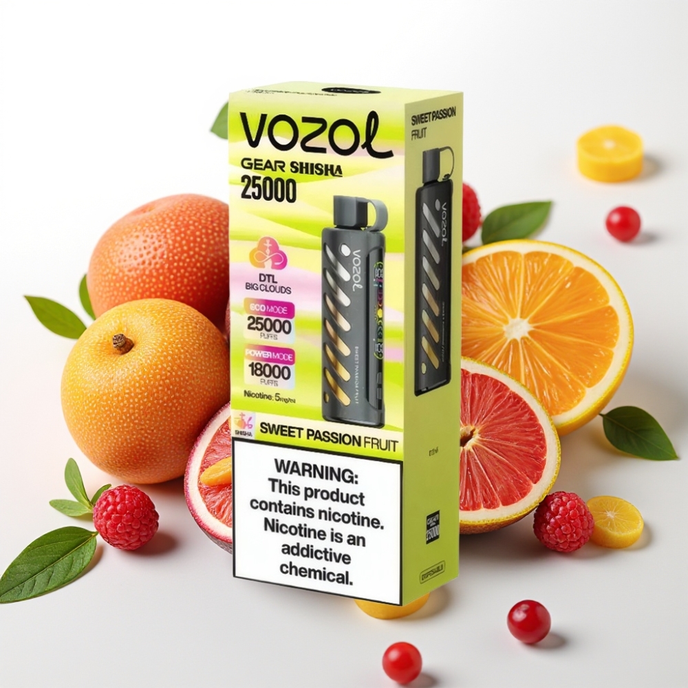 VOZOL Gear Shisha 25000 Puffov Okusi - 30 okusnih okusov Pametni čip - S.i.L.C Tech Načini - Dvojni Mesh Dvojni Načini Baterija - 1000mAh Nikotin - 5mg/ml Sladka pasijonka